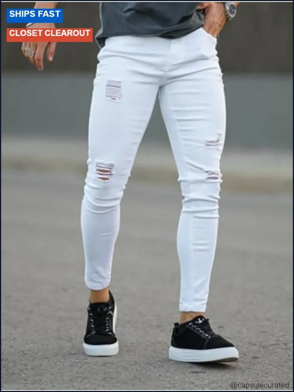 Slim Fit Skinny Stretch Denim Jeans with Ripped Distressed Detailing